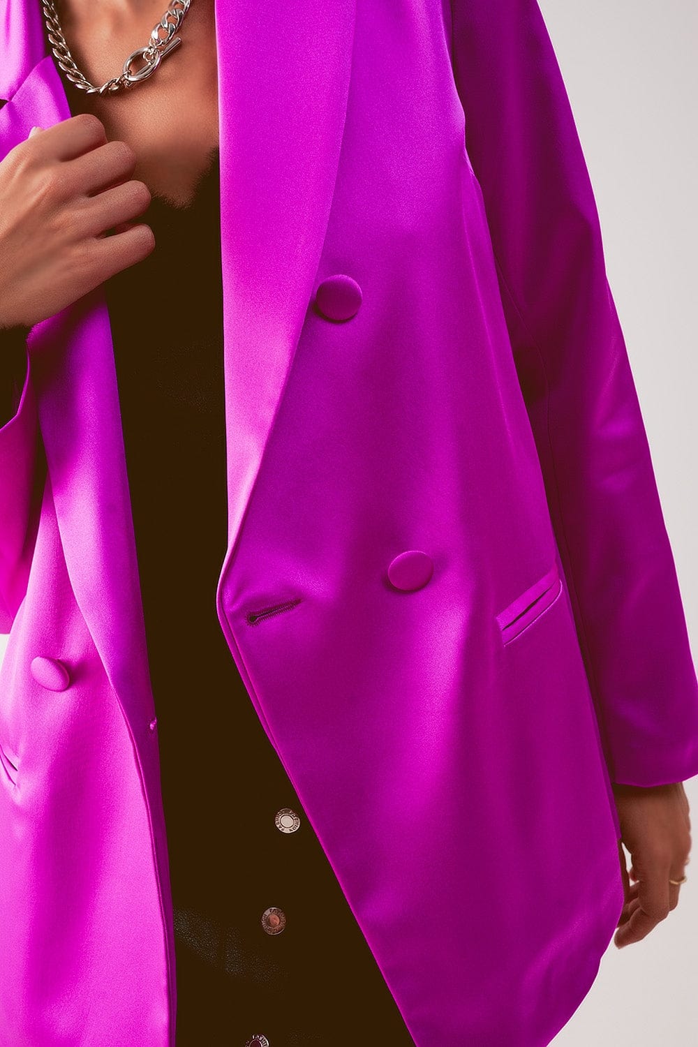 Q2 Women's Blazer Satin Double Breasted Suit Blazer in Fuchsia