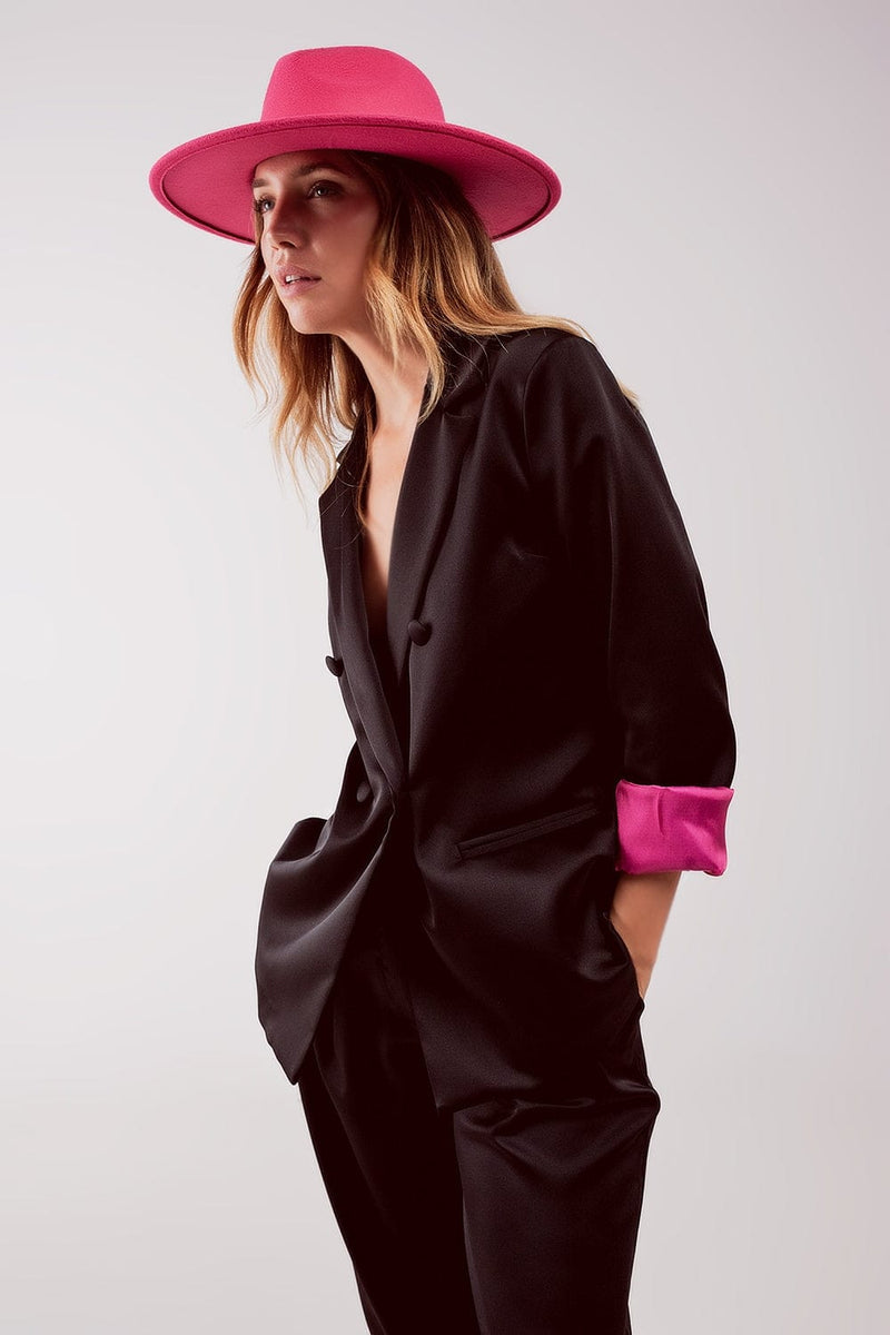 Q2 Women's Blazer Satin Tailored Double Breast Blazer in Black