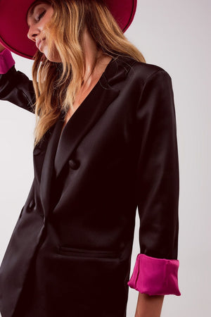 Q2 Women's Blazer Satin Tailored Double Breast Blazer in Black