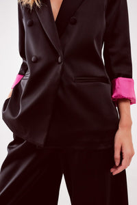 Q2 Women's Blazer Satin Tailored Double Breast Blazer in Black