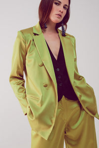 Q2 Women's Blazer Satin Tailored Double Breast Blazer in Lime