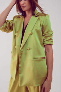 Q2 Women's Blazer Satin Tailored Double Breast Blazer in Lime