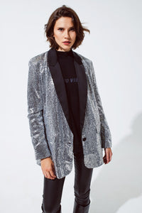 Q2 Women's Blazer Silver Sequin Tuxedo Blazer With Satin Black Lapels