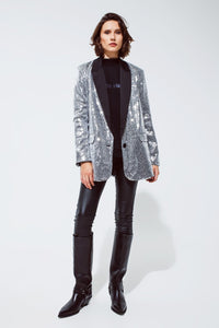 Q2 Women's Blazer Silver Sequin Tuxedo Blazer With Satin Black Lapels