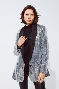 Q2 Women's Blazer Silver Sequin Tuxedo Blazer With Satin Black Lapels