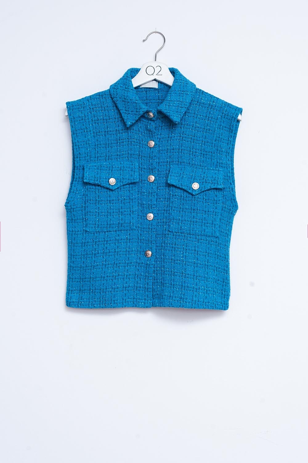 Q2 Women's Blazer Tailored Suit Waistcoat in Blue Boucle