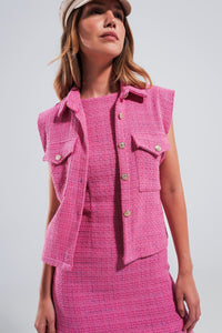 Q2 Women's Blazer Tailored Suit Waistcoat in Pink Boucle