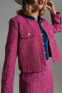 Q2 Women's Blazer Tweed Cropped Crew Neck Jacket In Pink