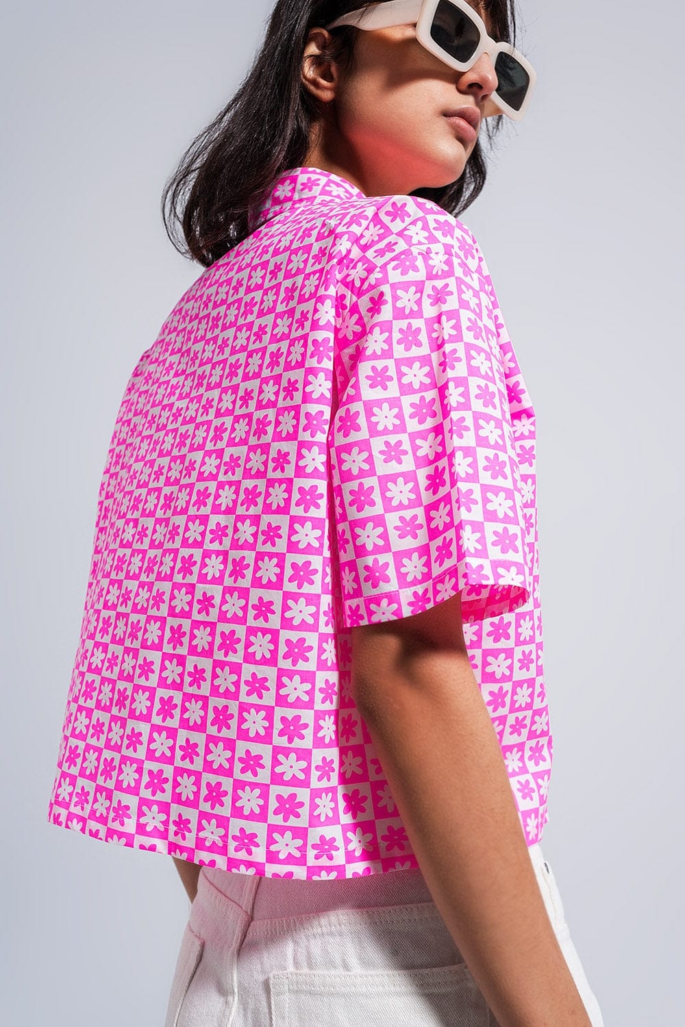 Q2 Women's Blouse 90s Cropped Button Through Pink Shirt