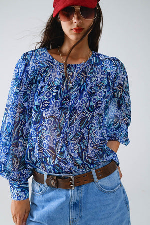 Q2 Women's Blouse Abstract Print Blouse With Balloon Sleeves In Blue