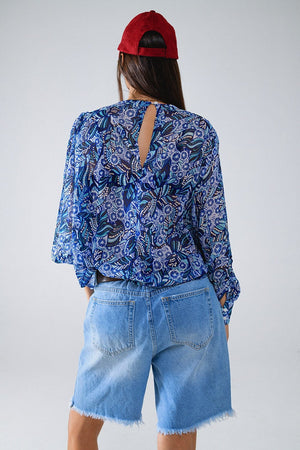 Q2 Women's Blouse Abstract Print Blouse With Balloon Sleeves In Blue