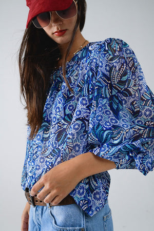 Q2 Women's Blouse Abstract Print Blouse With Balloon Sleeves In Blue