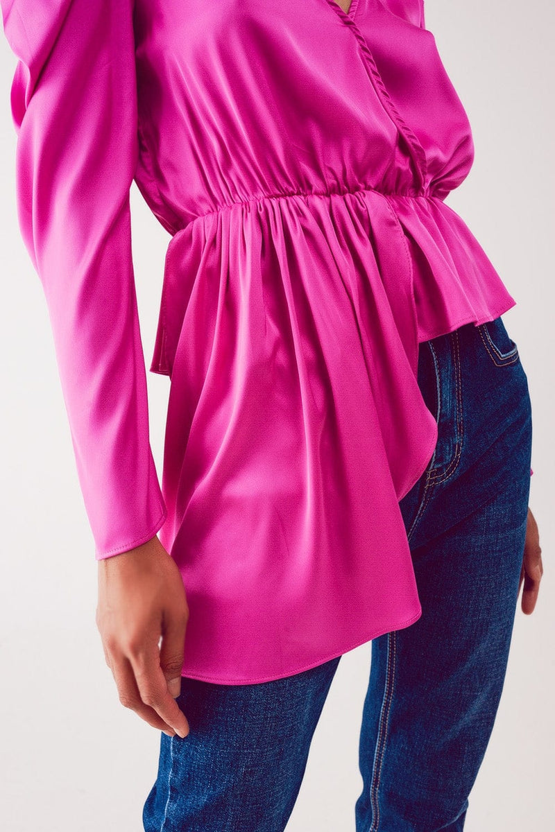 Q2 Women's Blouse Asymmetric Puff Sleeve Blouse in Fuchsia