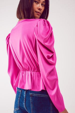 Q2 Women's Blouse Asymmetric Puff Sleeve Blouse in Fuchsia