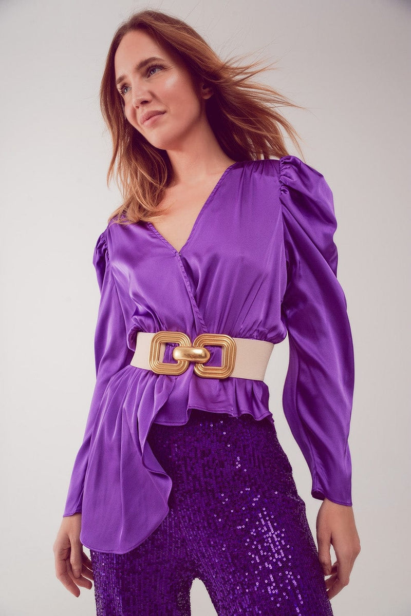 Q2 Women's Blouse Asymmetric Puff Sleeve Blouse in Purple