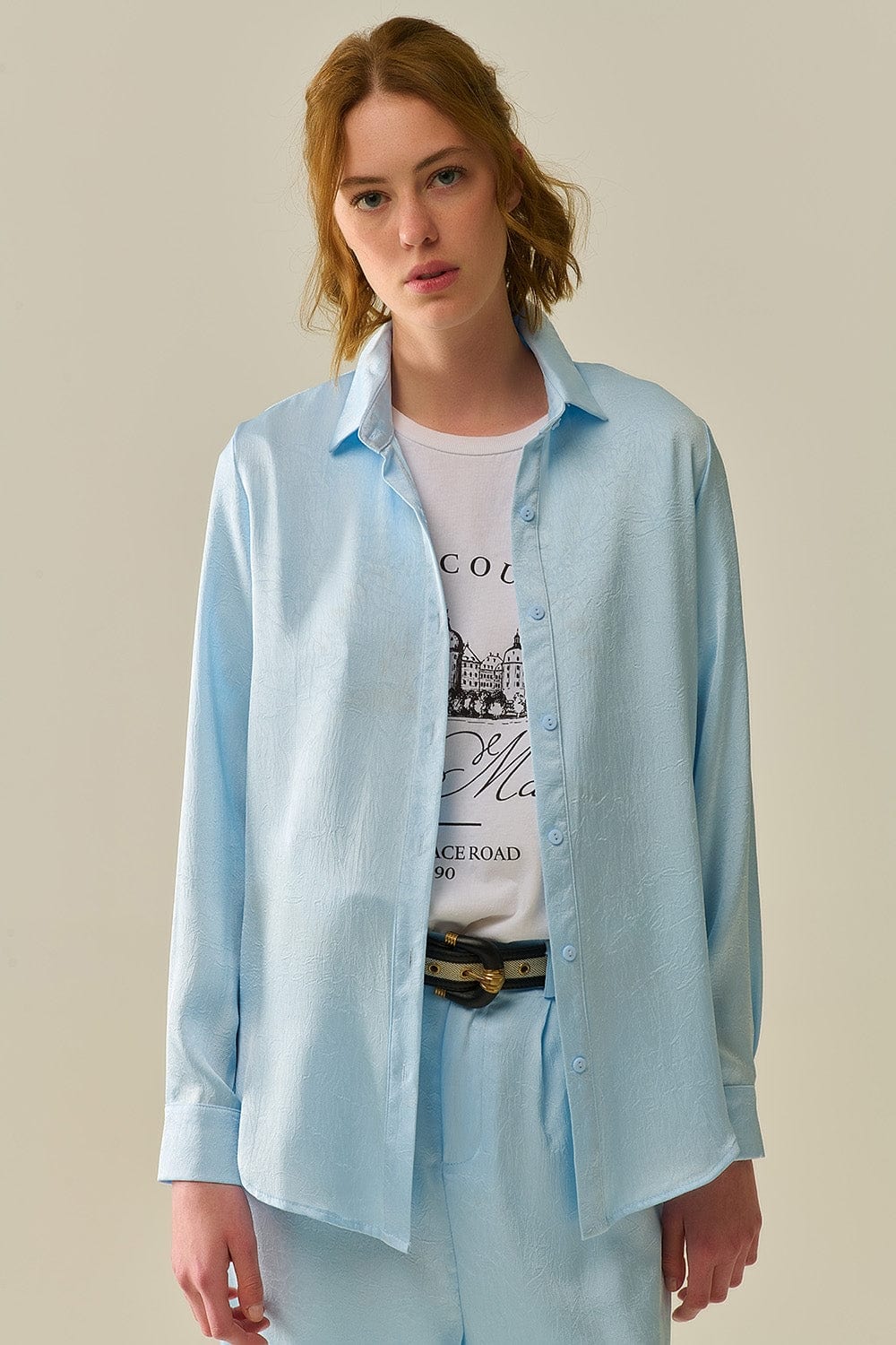 Q2 Women's Blouse Baby Blue Buttoned Shirt In Satin