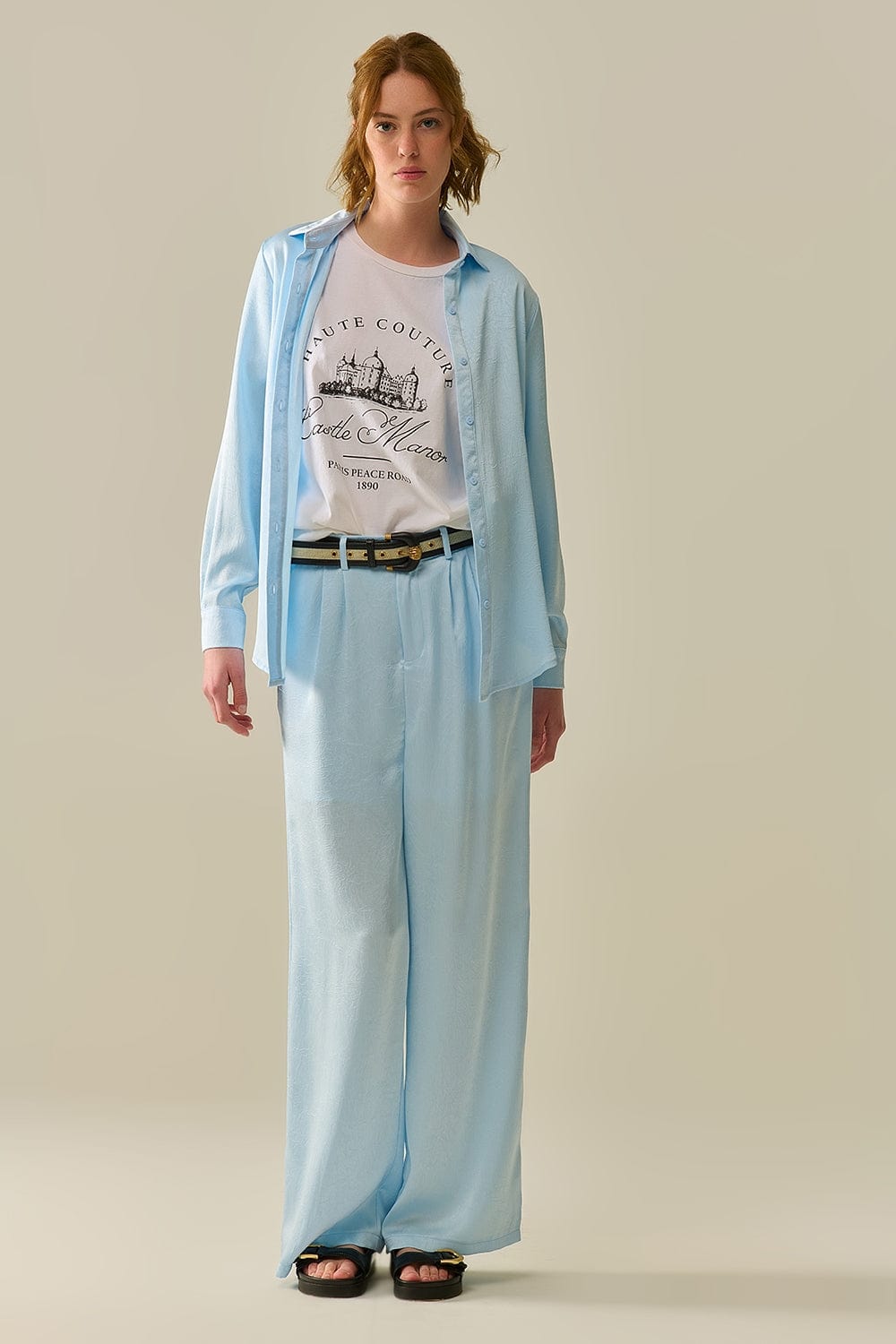 Q2 Women's Blouse Baby Blue Buttoned Shirt In Satin