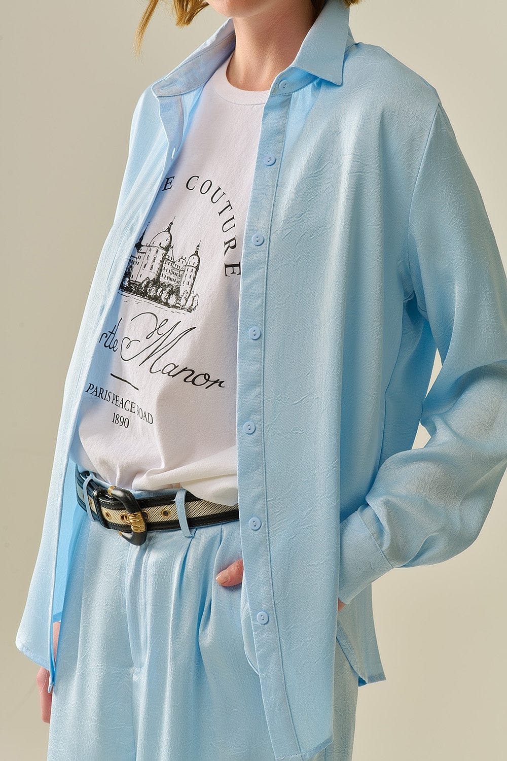 Q2 Women's Blouse Baby Blue Buttoned Shirt In Satin