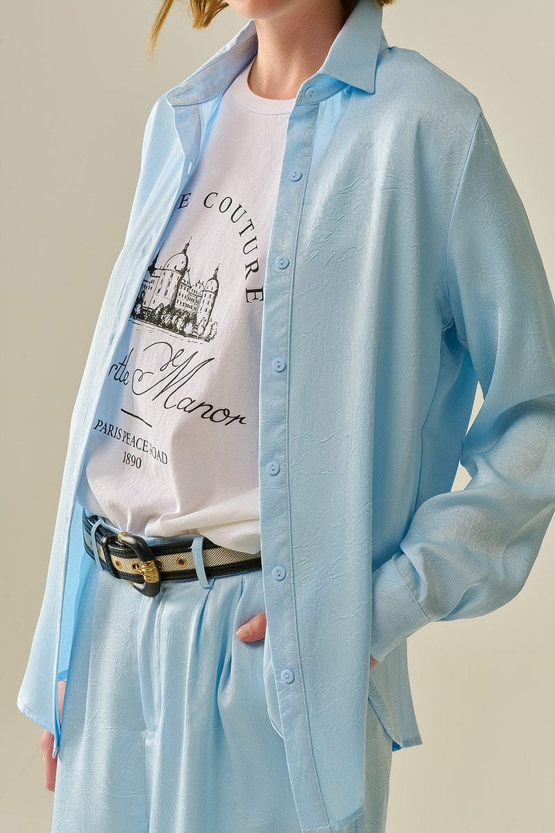 Q2 Women's Blouse Baby Blue Buttoned Shirt In Satin