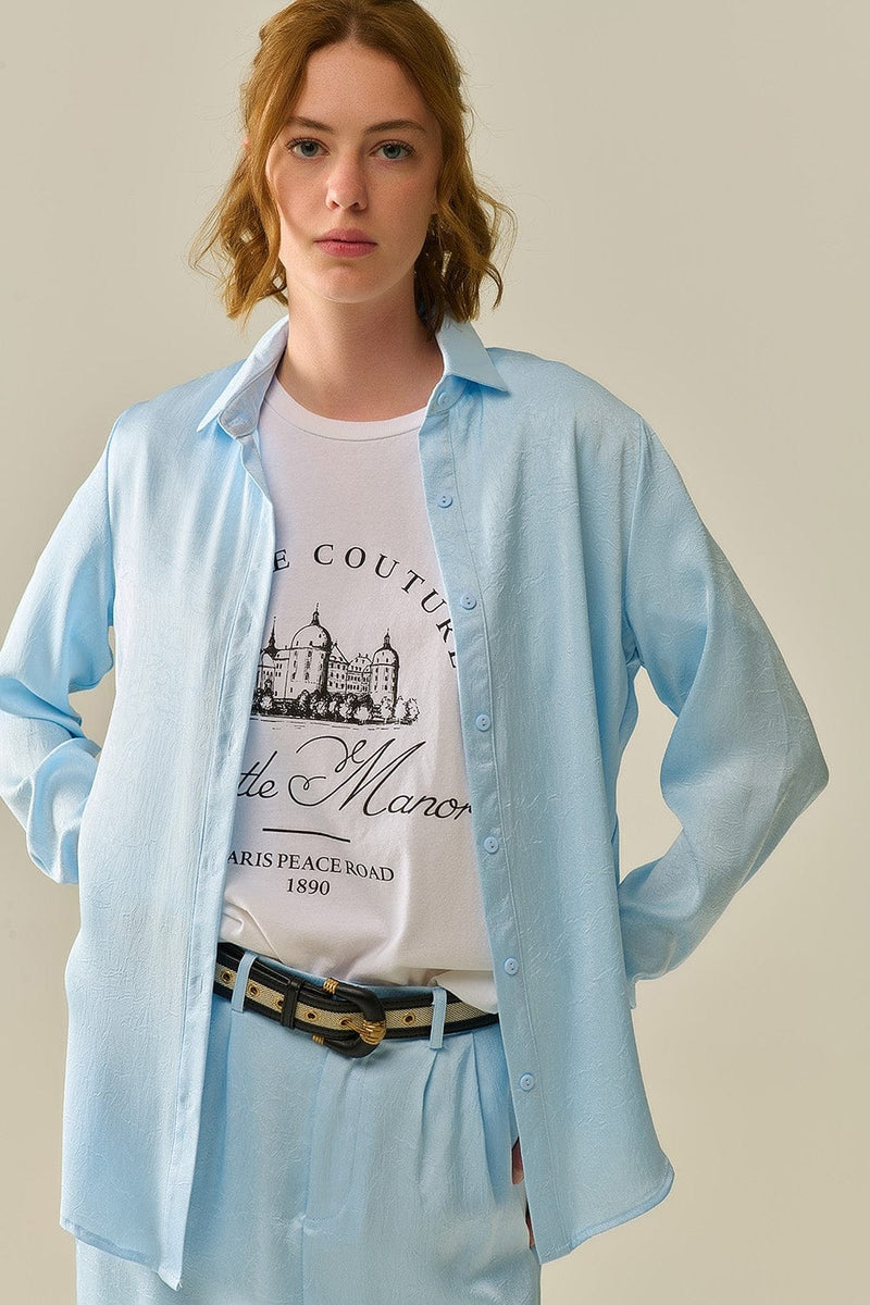 Q2 Women's Blouse Baby Blue Buttoned Shirt In Satin