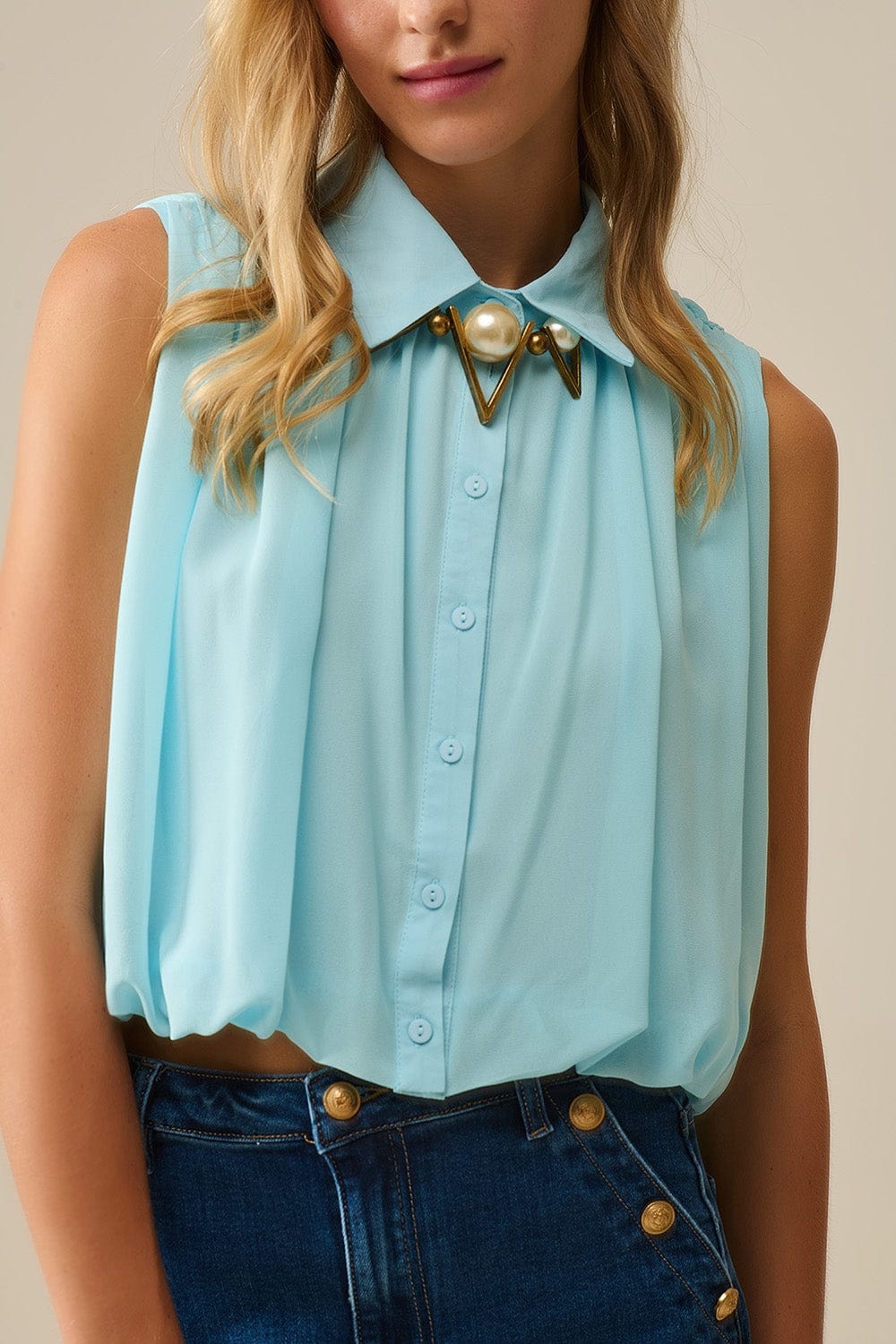 Q2 Women's Blouse Baby Blue Chiffon Blouse With Pleats At The Hem