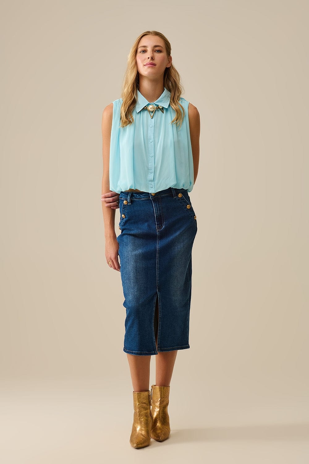 Q2 Women's Blouse Baby Blue Chiffon Blouse With Pleats At The Hem