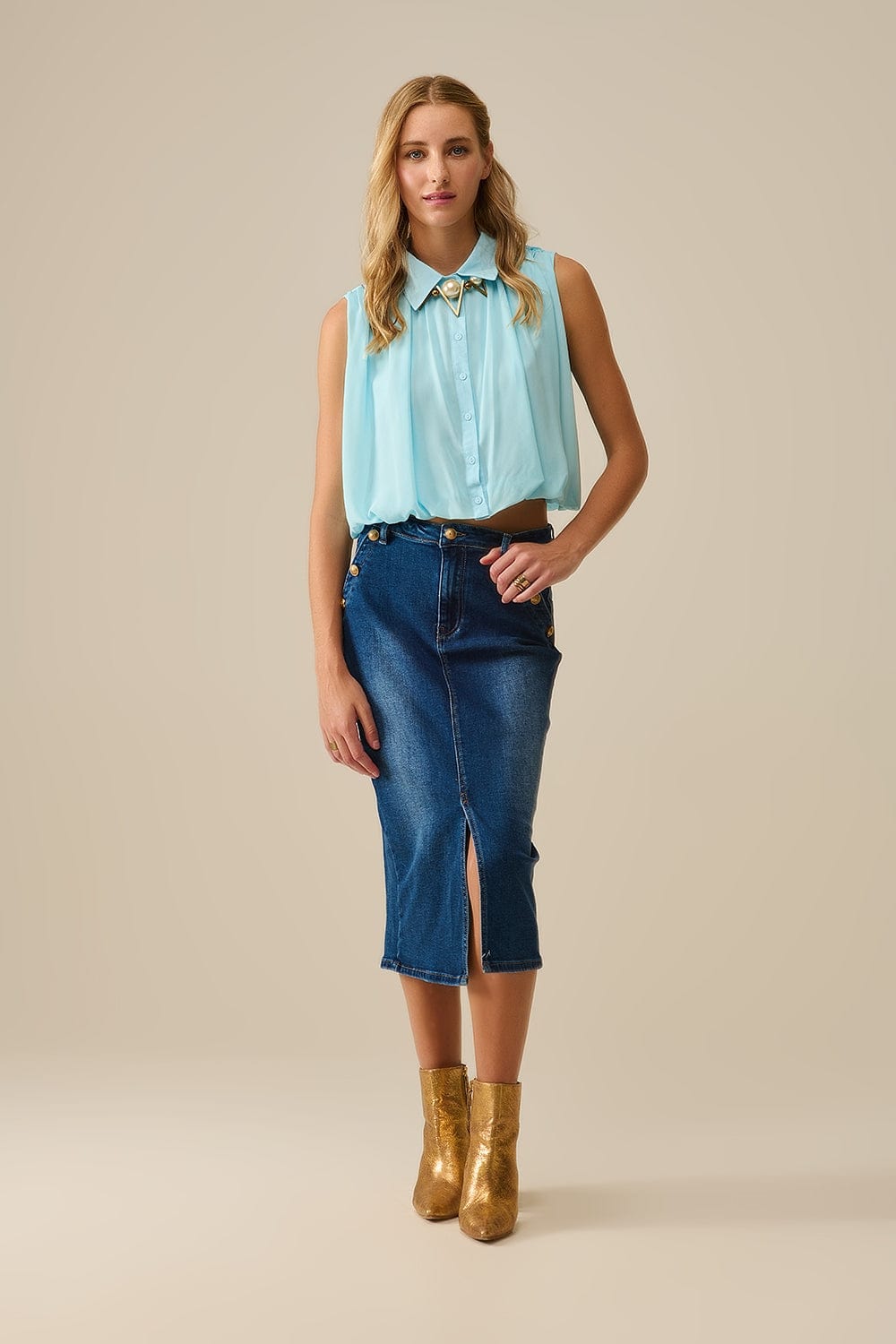 Q2 Women's Blouse Baby Blue Chiffon Blouse With Pleats At The Hem