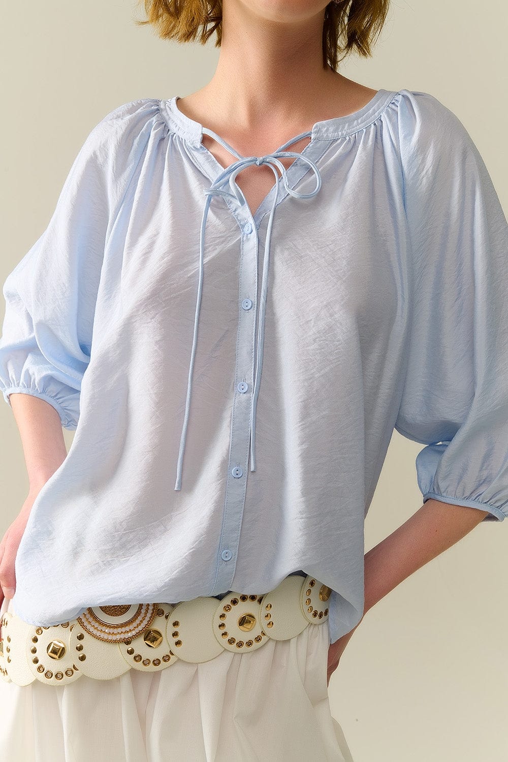 Q2 Women's Blouse Baby Blue Chiffon Top With Puffed Sleeves