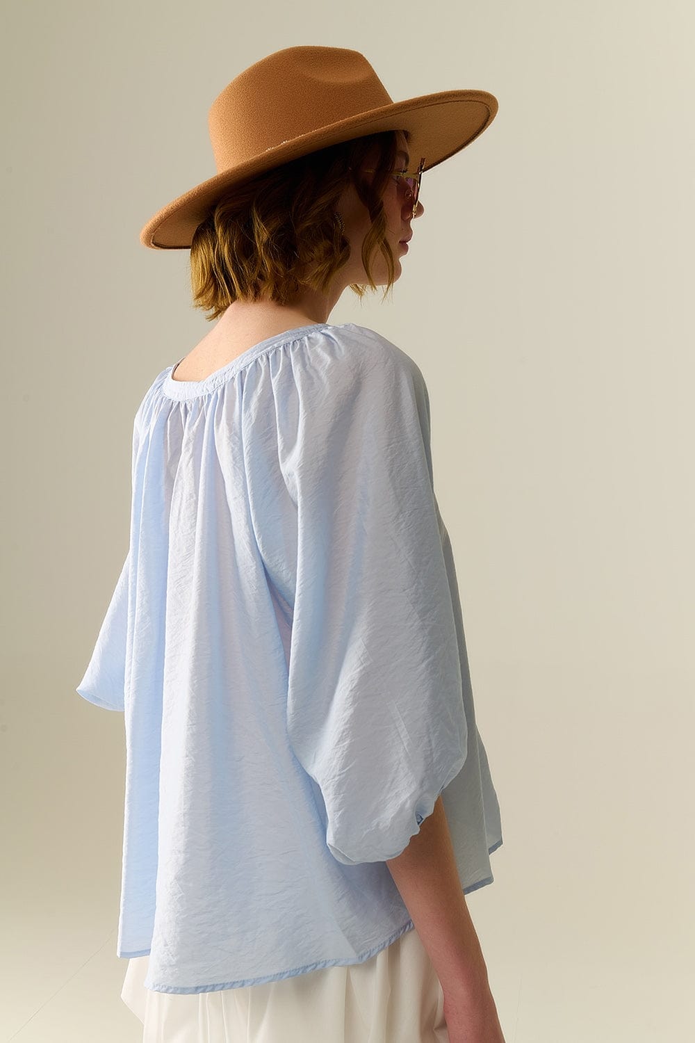 Q2 Women's Blouse Baby Blue Chiffon Top With Puffed Sleeves