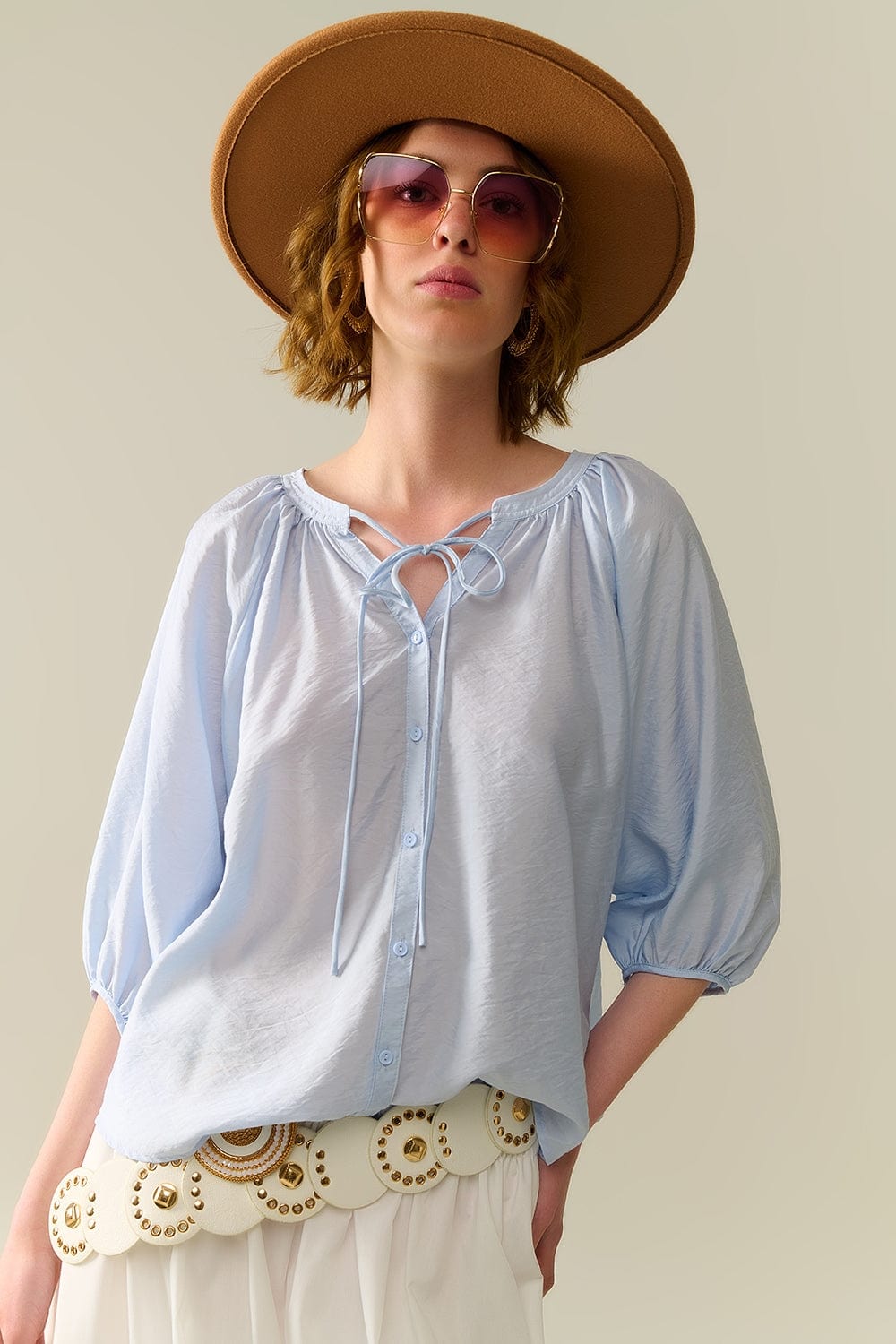 Q2 Women's Blouse Baby Blue Chiffon Top With Puffed Sleeves