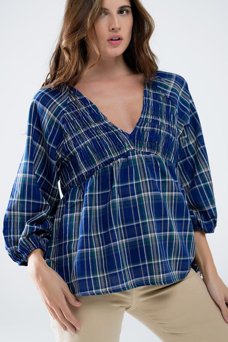 Q2 Women's Blouse Babydoll Plaid Shirt In Blue And Green