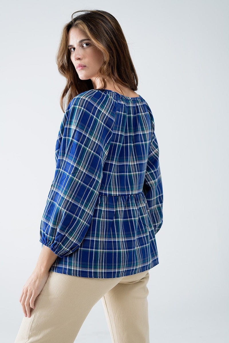 Q2 Women's Blouse Babydoll Plaid Shirt In Blue And Green