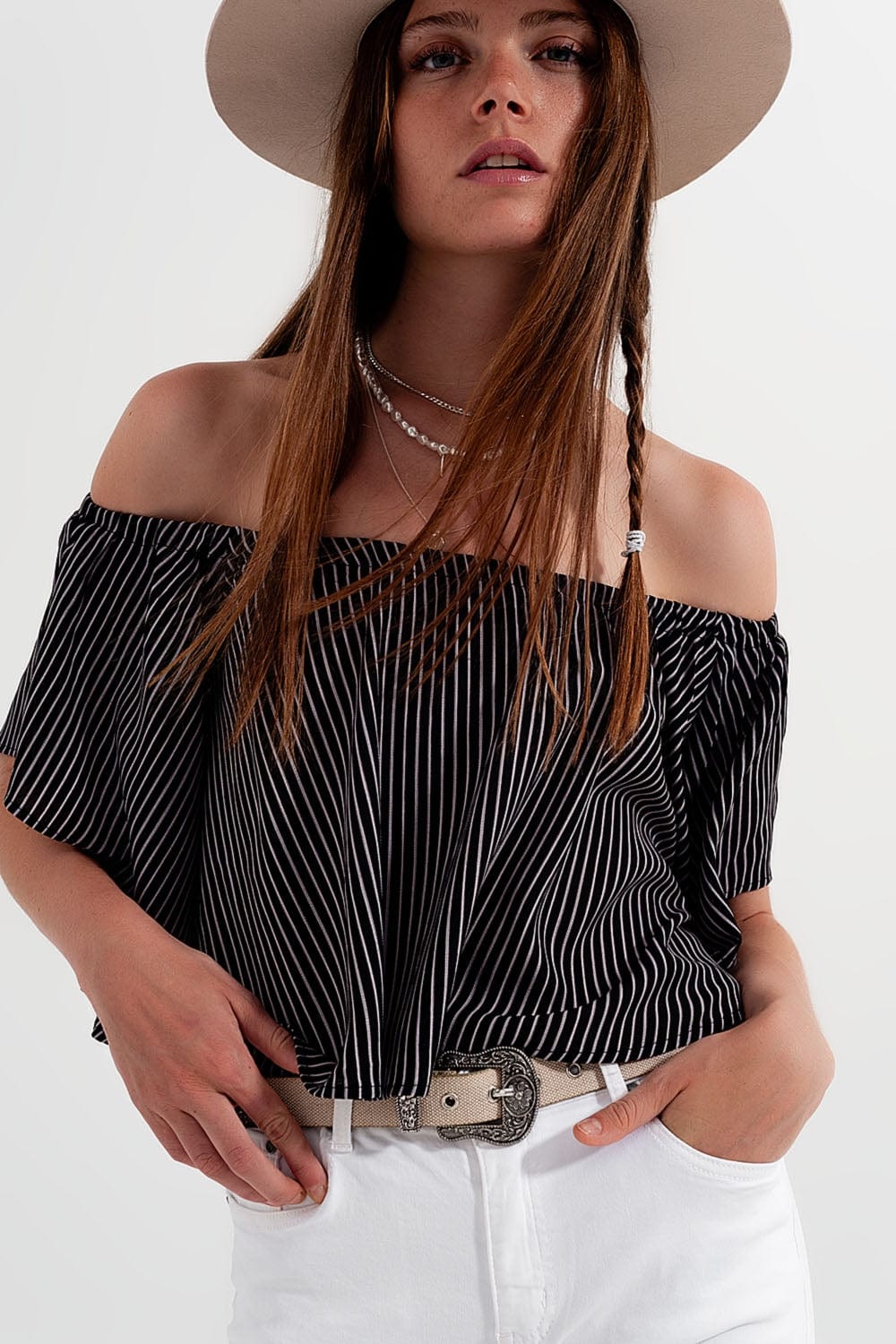 Q2 Women's Blouse Bardot Top in Stripe