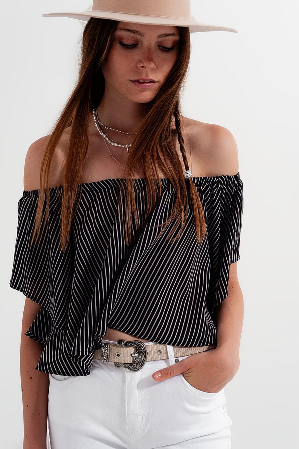 Q2 Women's Blouse Bardot Top in Stripe