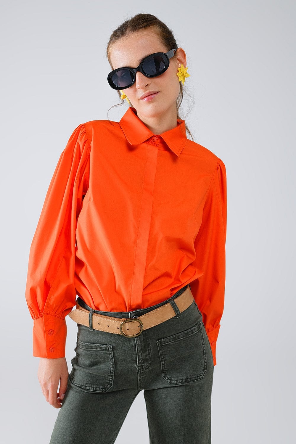 Q2 Women's Blouse Basic Poplin Orange Shirt With Balloon Long Sleeves