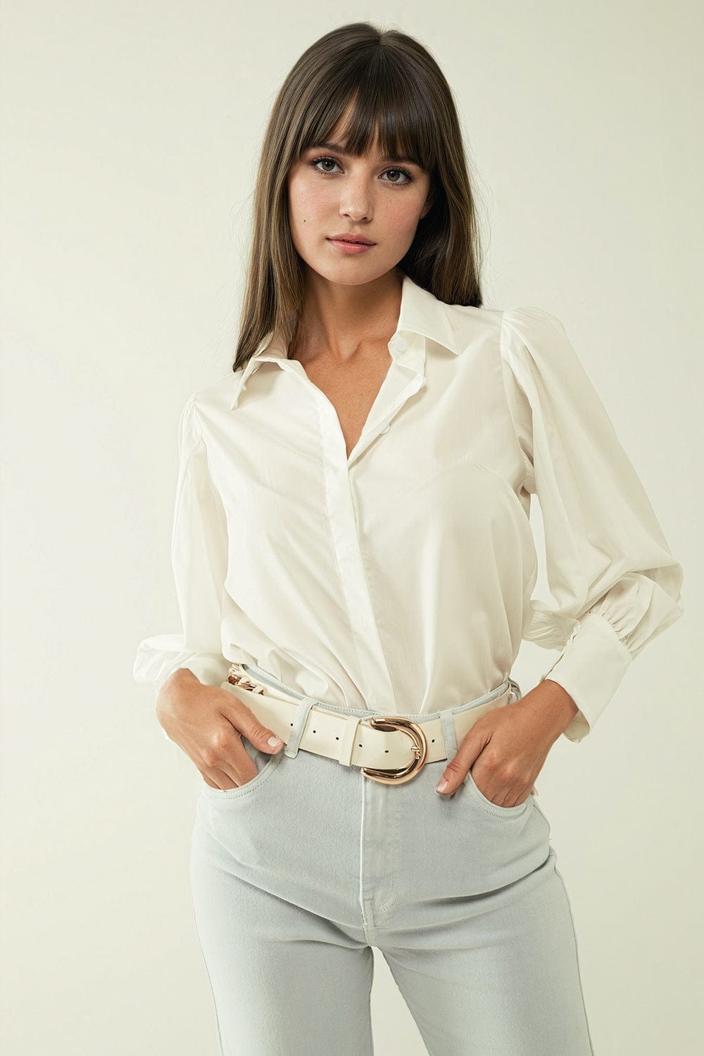 Q2 Women's Blouse Basic Poplin White Shirt With Balloon Long Sleeves