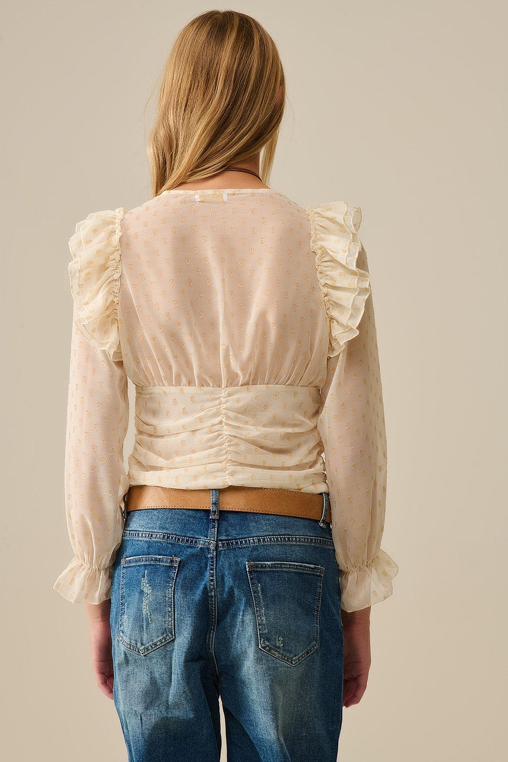Q2 Women's Blouse Beige Blouse With Golden Dots And Frill Details