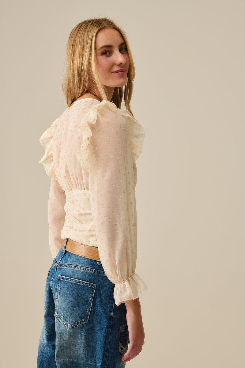 Q2 Women's Blouse Beige Blouse With Golden Dots And Frill Details