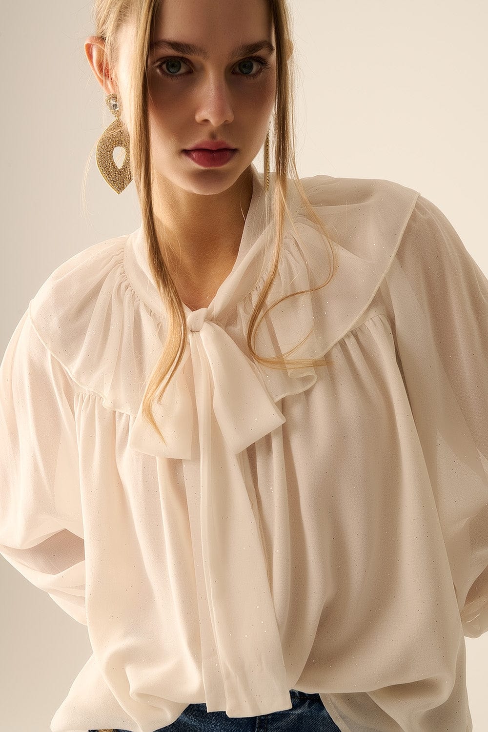 Q2 Women's Blouse Beige Chiffon Shirt With Bow Detail