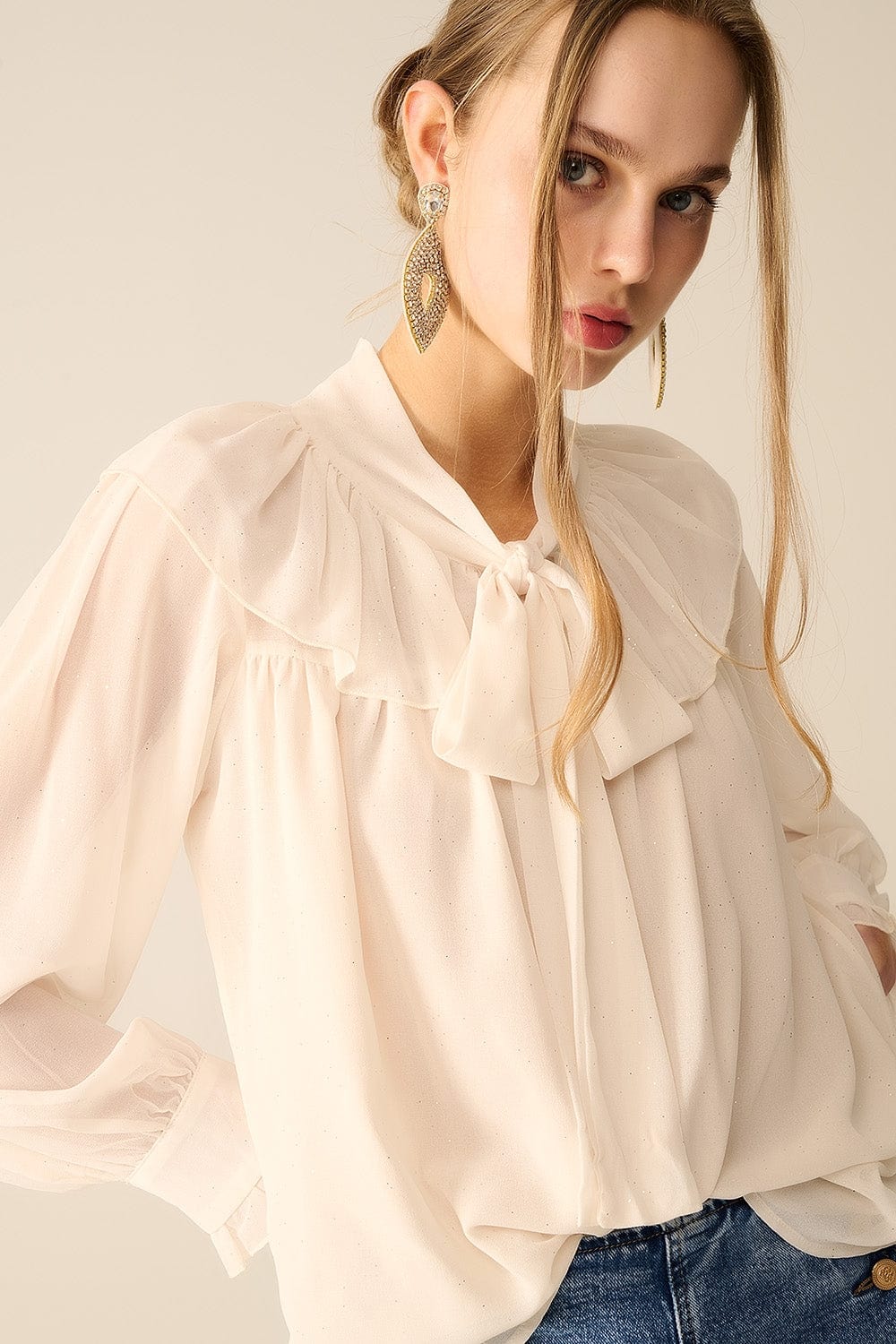 Q2 Women's Blouse Beige Chiffon Shirt With Bow Detail