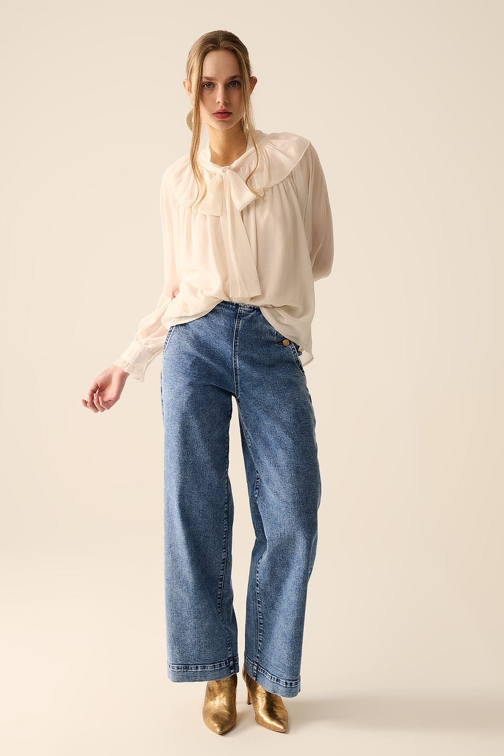 Q2 Women's Blouse Beige Chiffon Shirt With Bow Detail