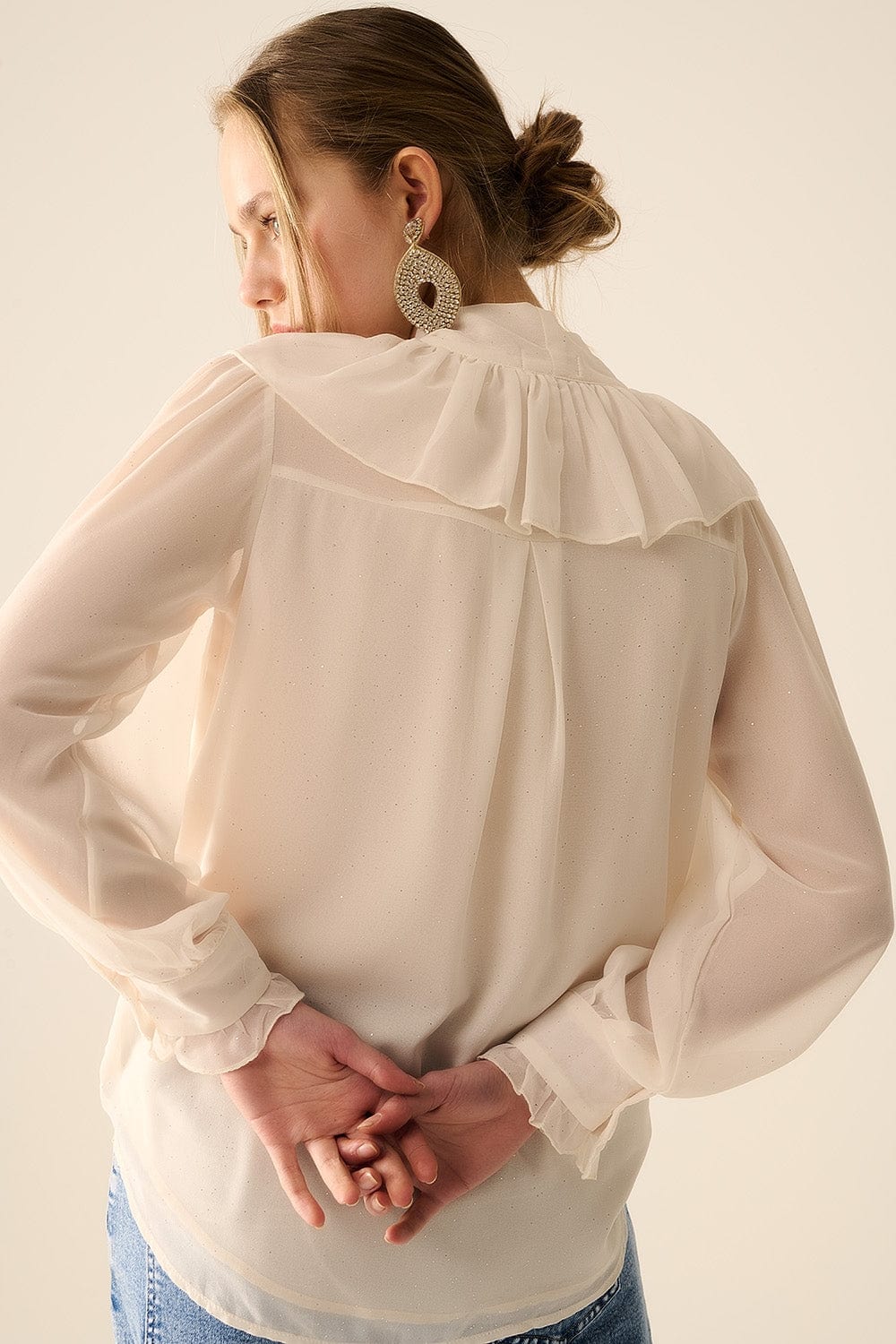 Q2 Women's Blouse Beige Chiffon Shirt With Bow Detail