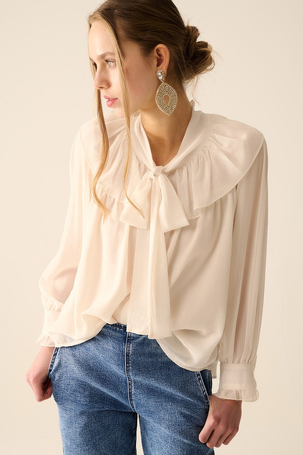 Q2 Women's Blouse Beige Chiffon Shirt With Bow Detail