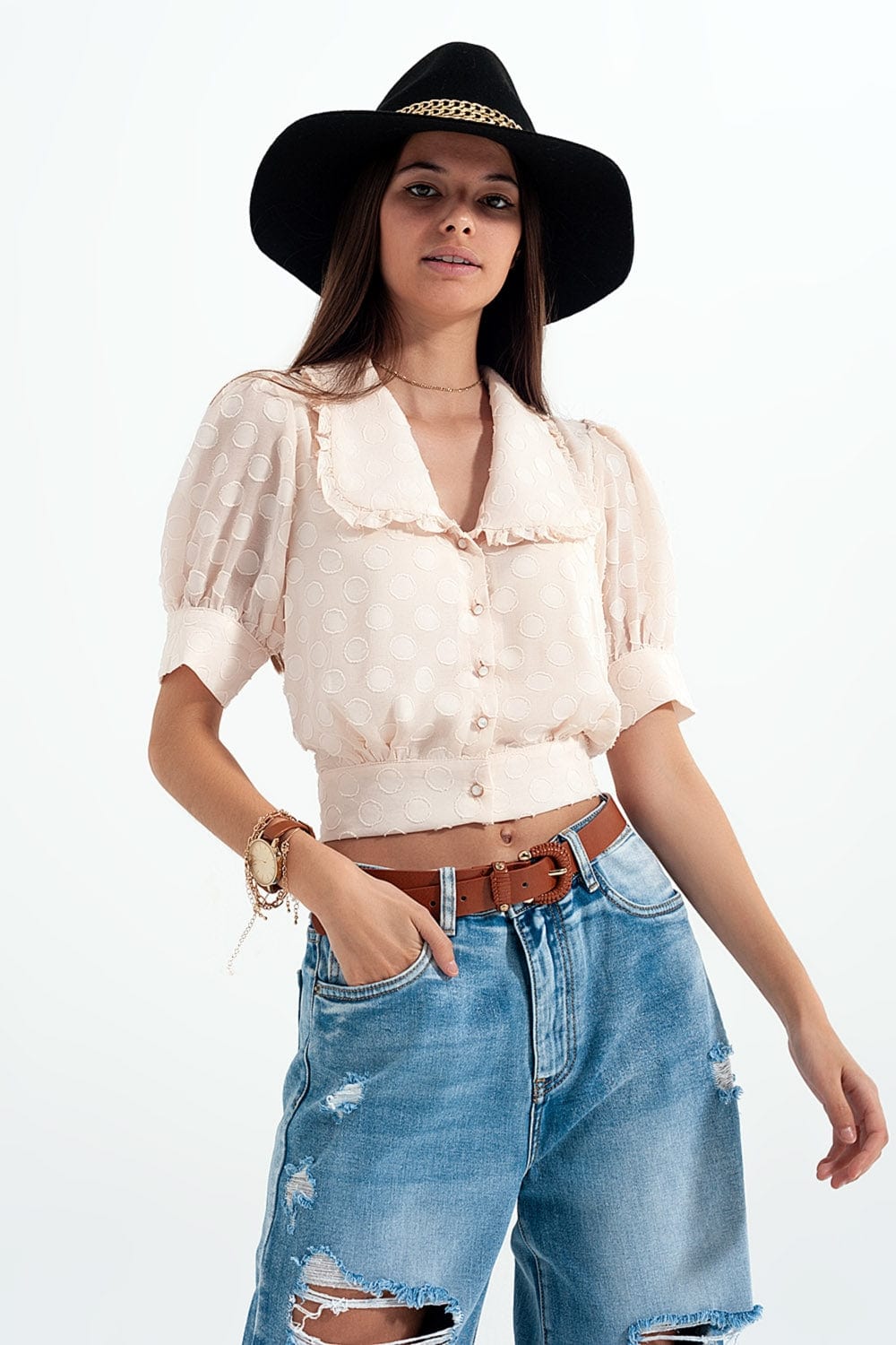 Q2 Women's Blouse Beige Polka Dot Blouse with Bib Collar and Embellished Buttons