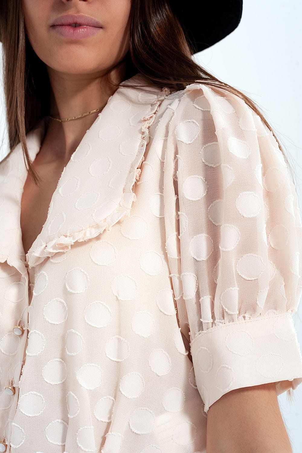 Q2 Women's Blouse Beige Polka Dot Blouse with Bib Collar and Embellished Buttons