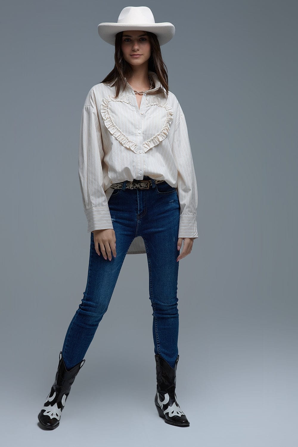 Q2 Women's Blouse Beige Relaxed Striped Shirt With Heart Seam Detail