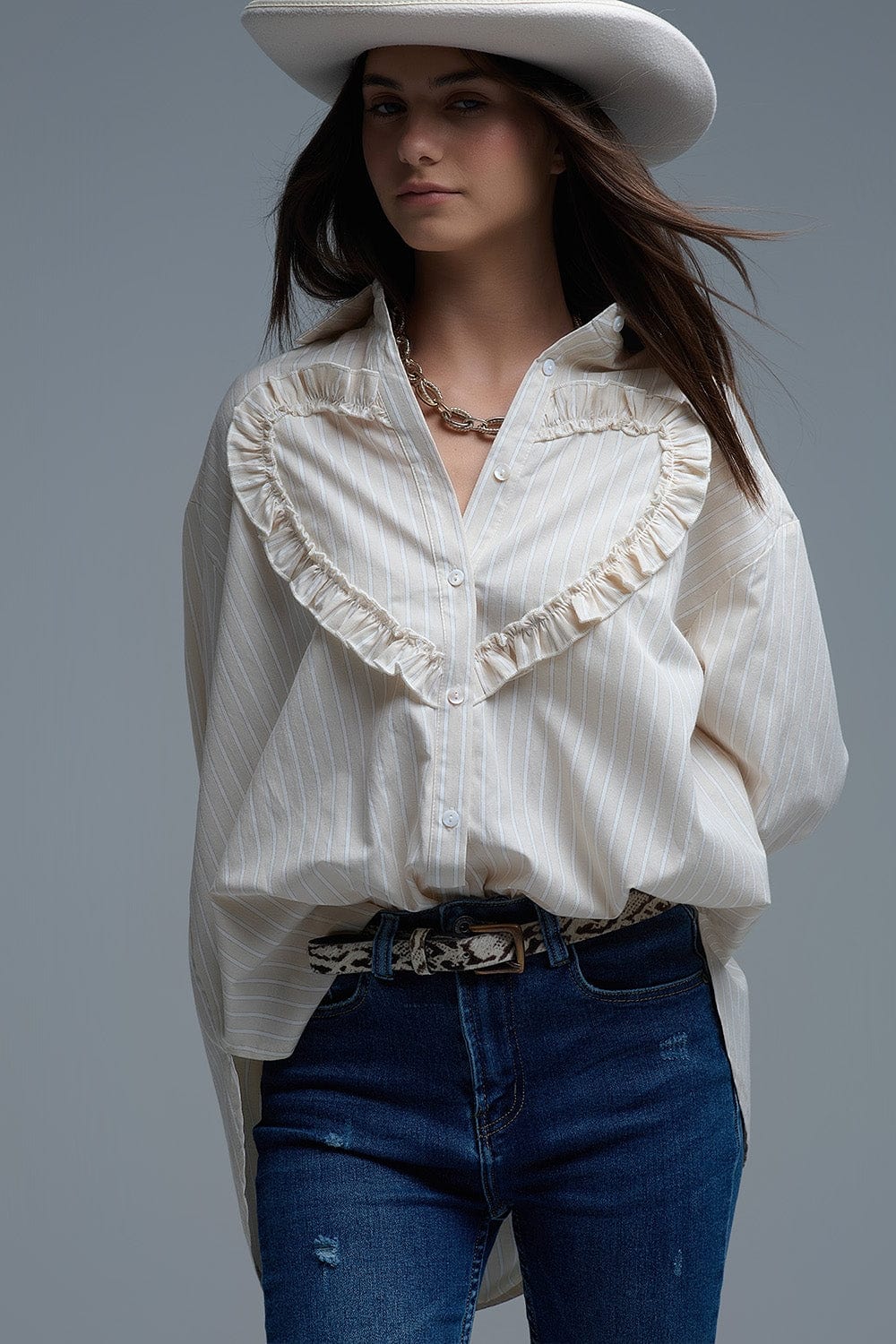 Q2 Women's Blouse Beige Relaxed Striped Shirt With Heart Seam Detail