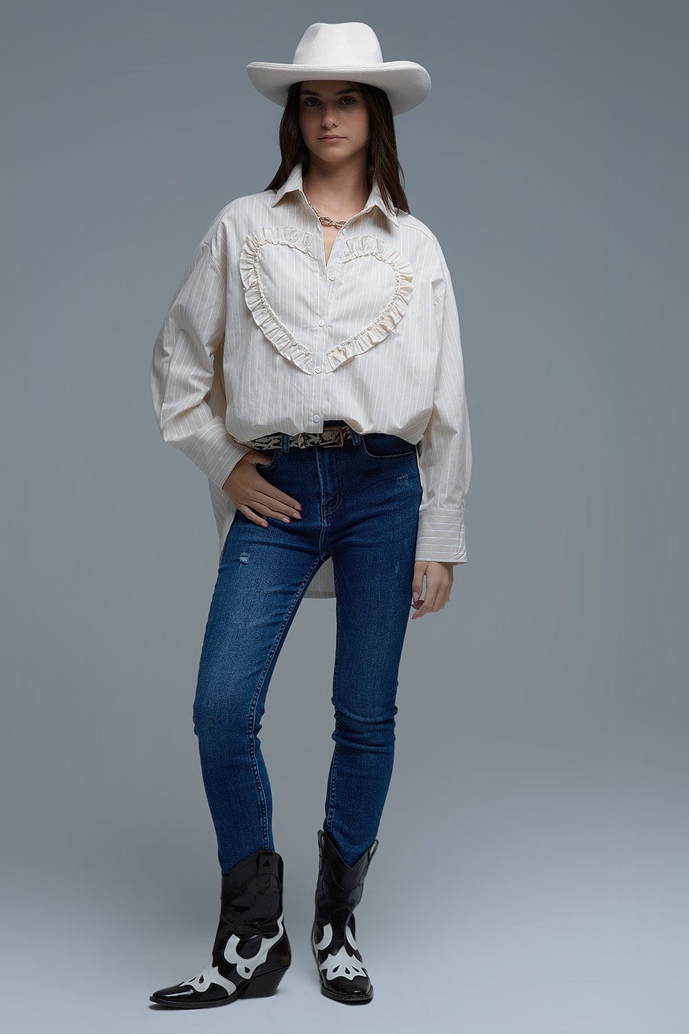 Q2 Women's Blouse Beige Relaxed Striped Shirt With Heart Seam Detail