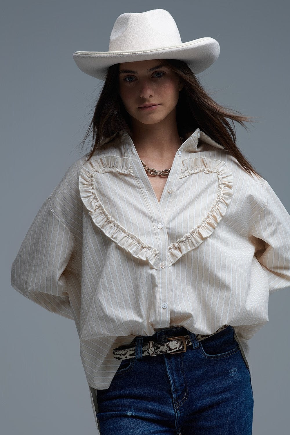 Q2 Women's Blouse Beige Relaxed Striped Shirt With Heart Seam Detail