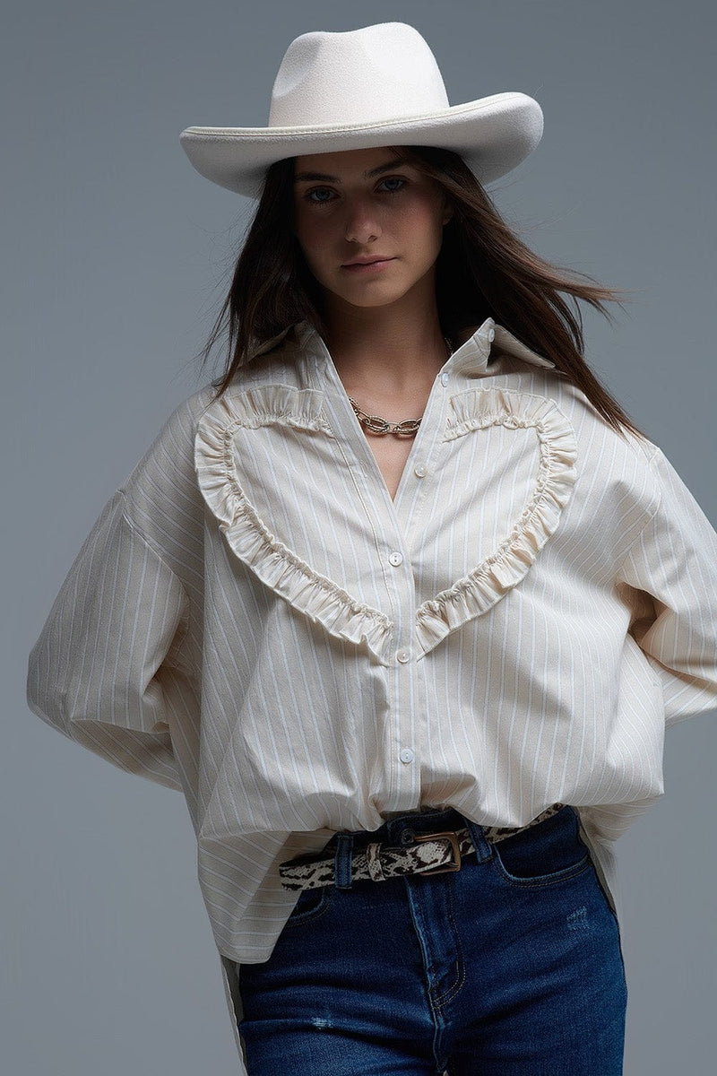 Q2 Women's Blouse Beige Relaxed Striped Shirt With Heart Seam Detail